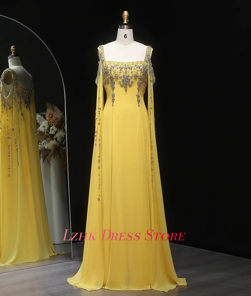 Vestido de noche personalizado de gasa exquisito, corte en A, tirantes finos, cuentas de cristal, vestidos de fiesta sexis de manga larga con cuello cuadrado