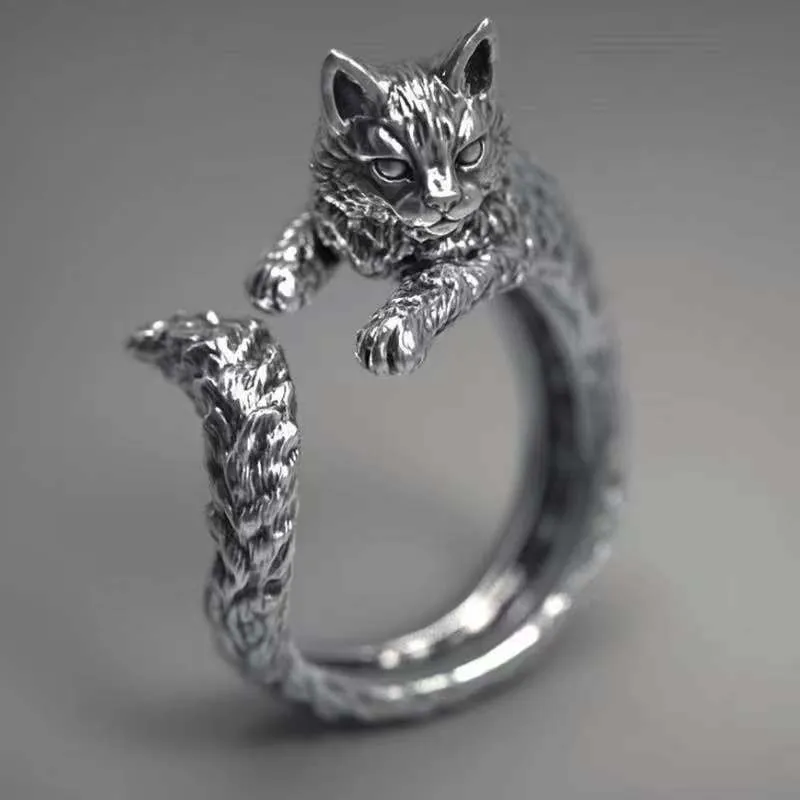 1pc Vintage Dark Alloy  Cartoon Little Cat Open Ring For Women Personality Fashion Simple Ring Handicraft Gift For Girl