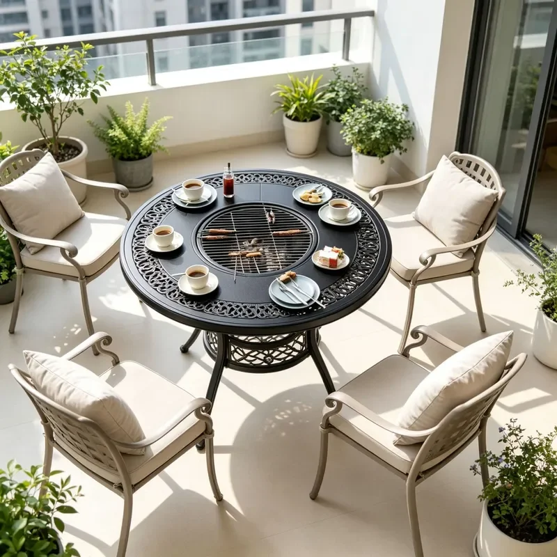 Outdoor Cast Aluminum BBQ Table and Chair Set Round Grill Dining Furniture for Courtyard Terrace Patio Casual Use