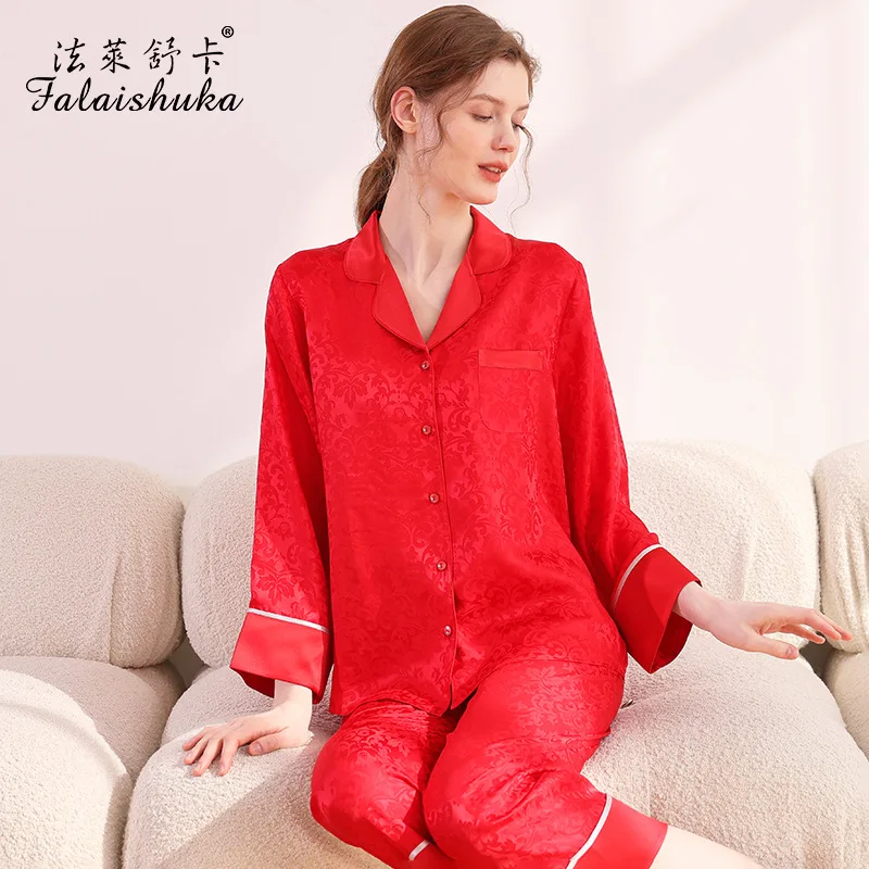 

19 momme 100% natural silk Wedding Red pajamas sets women Elegant Jacquard bride long sleeve genuine silk pyjamas T8603