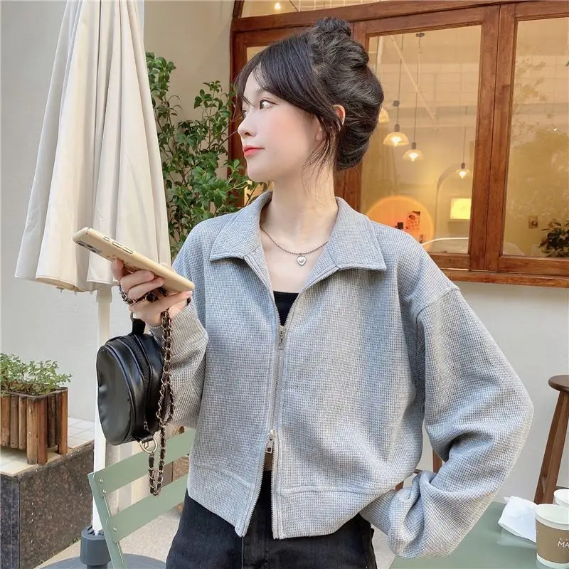 Sweatshirts Women Autumn Cropped Leisure Sporty Vibe Students Pure Basic Zip-up Harajuku Streetwear Youth Daily Overcoats Simple