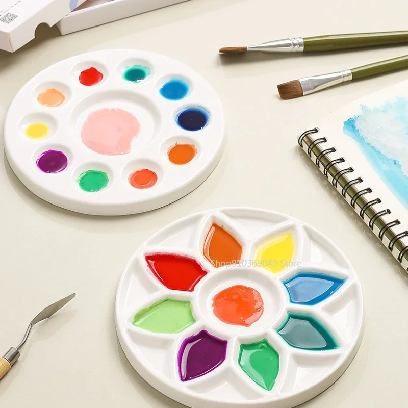 Portable Ceramic Palette Round Flower Multi-grid Palette Paint Tray Gouache Watercolor Paint Painting Art Supplies