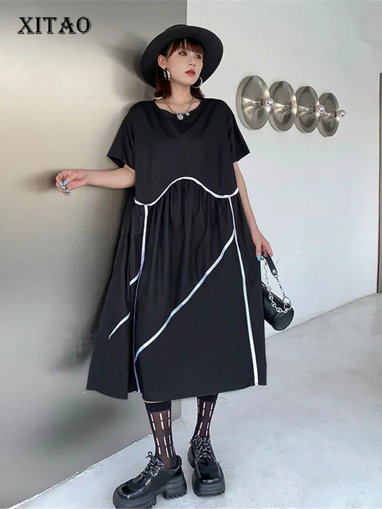 XITAO Pleated Dress Striped Pullover Half Sleeve Goddess Fan Casual Style 2024 Summer Minority Loose Elegant Dress WMD7034