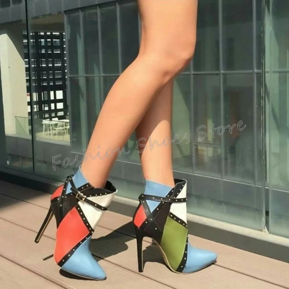 

Buckle Decor Pointed Toe Splicing Boots Matte Leather Thin High Heels High Heel Shoes for Women Heels 2025 New Zapatos Para Muje