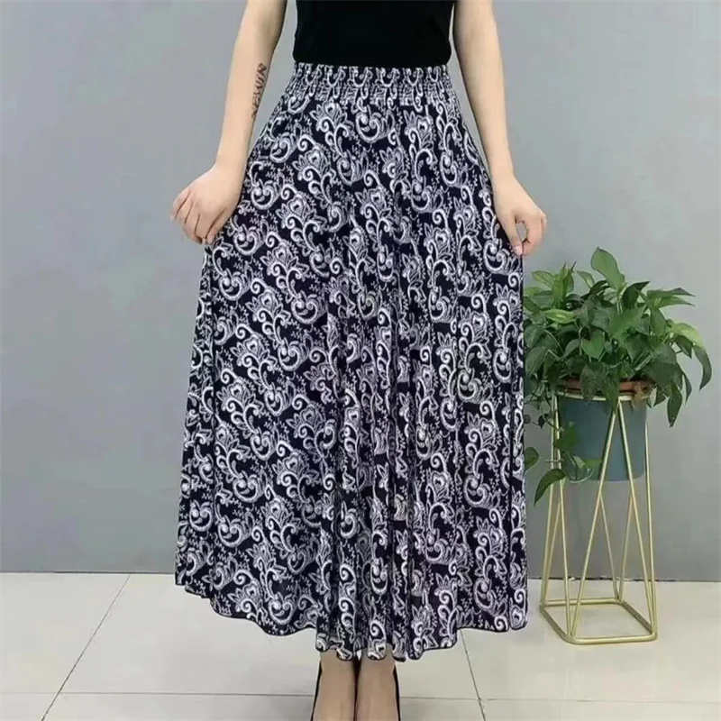 الصيف السيدات الأزهار طباعة تنورة الكورية الإناث حجم كبير 4XL الحرير الجليد الشمس التنانير الطويلة منتصف العمر الأم عالية الخصر ماكسي تنورة