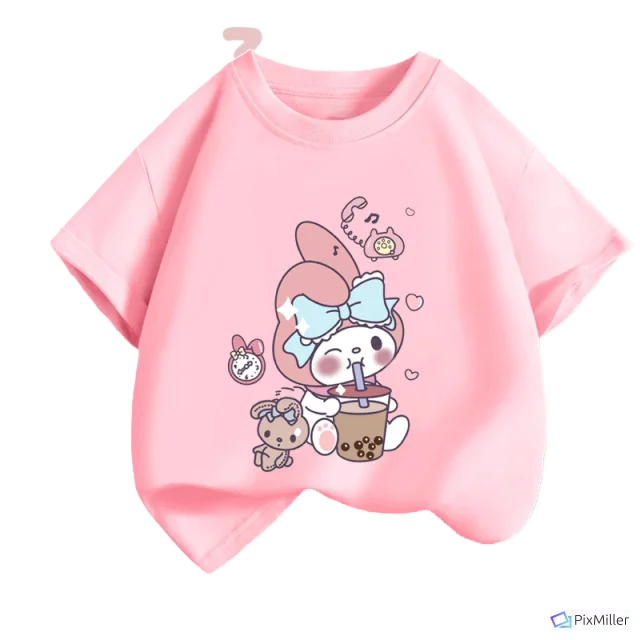 Kawaii Sanrios Anime Kuromi My Melody T-Shirt Cartoon Summer Loose Fitting Leisure Breathable Round Neck Short Sleeved Girl Gift