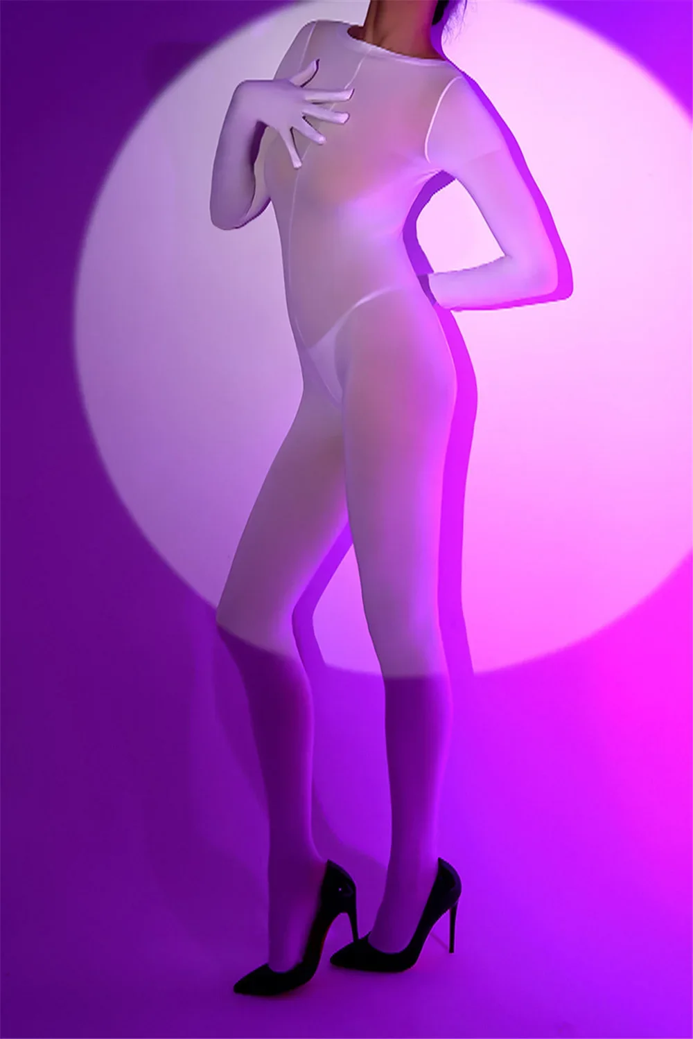 120D Alta Elasticità Unitard Donne Guanti a Cinque Dita Congiunto Body Lucido Liscio Tuta Trasparente Vedere Attraverso Collant Donna Sexy