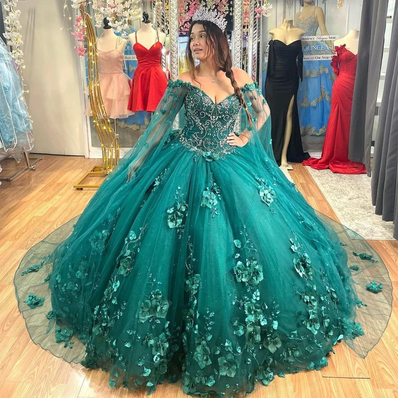 فستان Quinceanera أخضر زمردي مع قبعة ، ثوب كرة مطرز ، زهور ثلاثية الأبعاد ، أميرة مكسيكية ، فستان حلو 16 ، عيد ميلاد ، TQD007