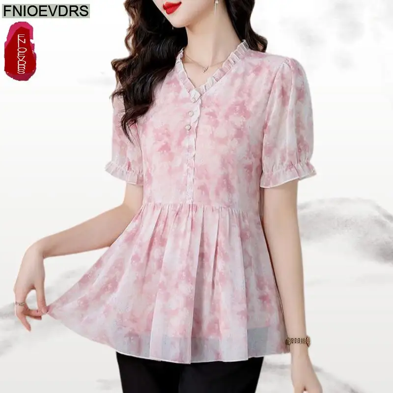 

Floral Print Tops Rustic Style Girls Women Summer Short Sleeve Cute Basics Shirts Casual Flower Ruffles Peplum Pink Tops