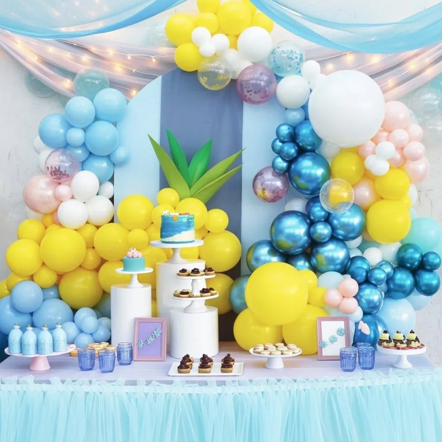 مجموعة بالونات زرقاء صفراء مقاس 12 بوصة مع بالونات لاتكس شفافة باللون الوردي المخضر لتزيين حفلات موضوع المحيط مثالية لاستحمام الطفل نحن