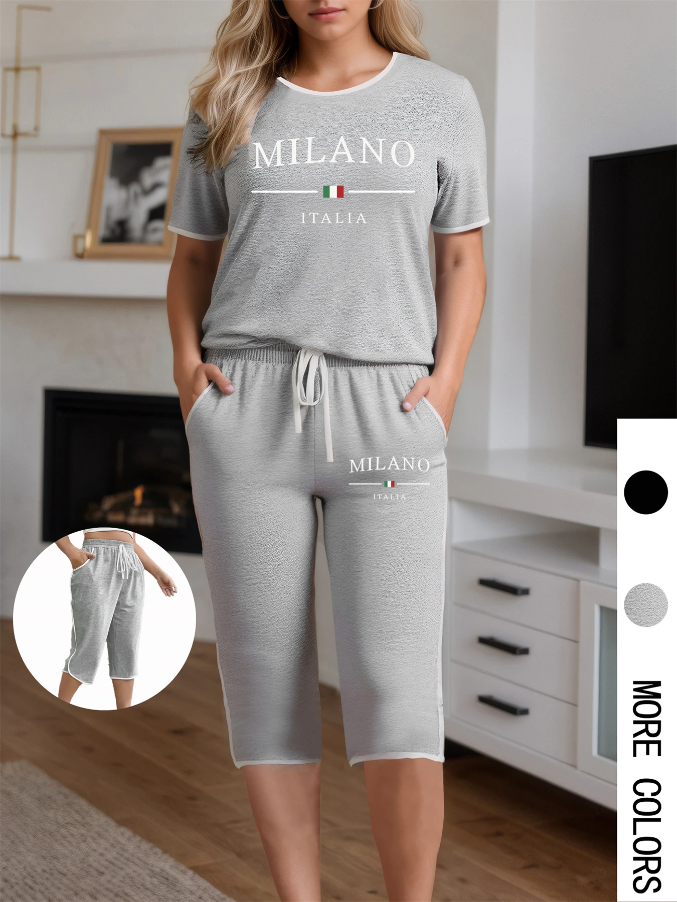 

Plus Size Women 2 Piece Set MILANO Print Short Sleeve T-shirt Capri Pants Summer Oversize Fashion Two Piece Outfits for Women