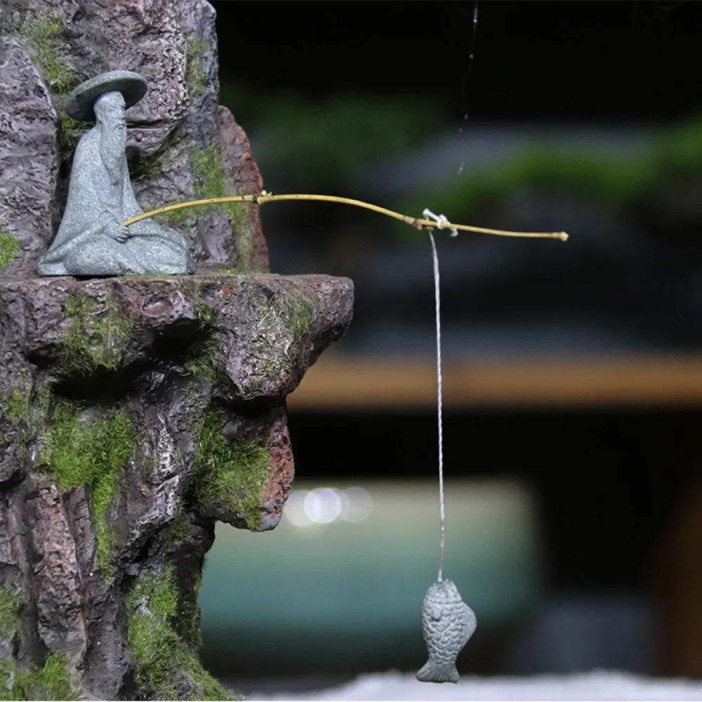 Sandstone Material Mini Fisherman Statue Vintage Style Miniature Size Fish Tank Ornament Aquarium Safe Grey