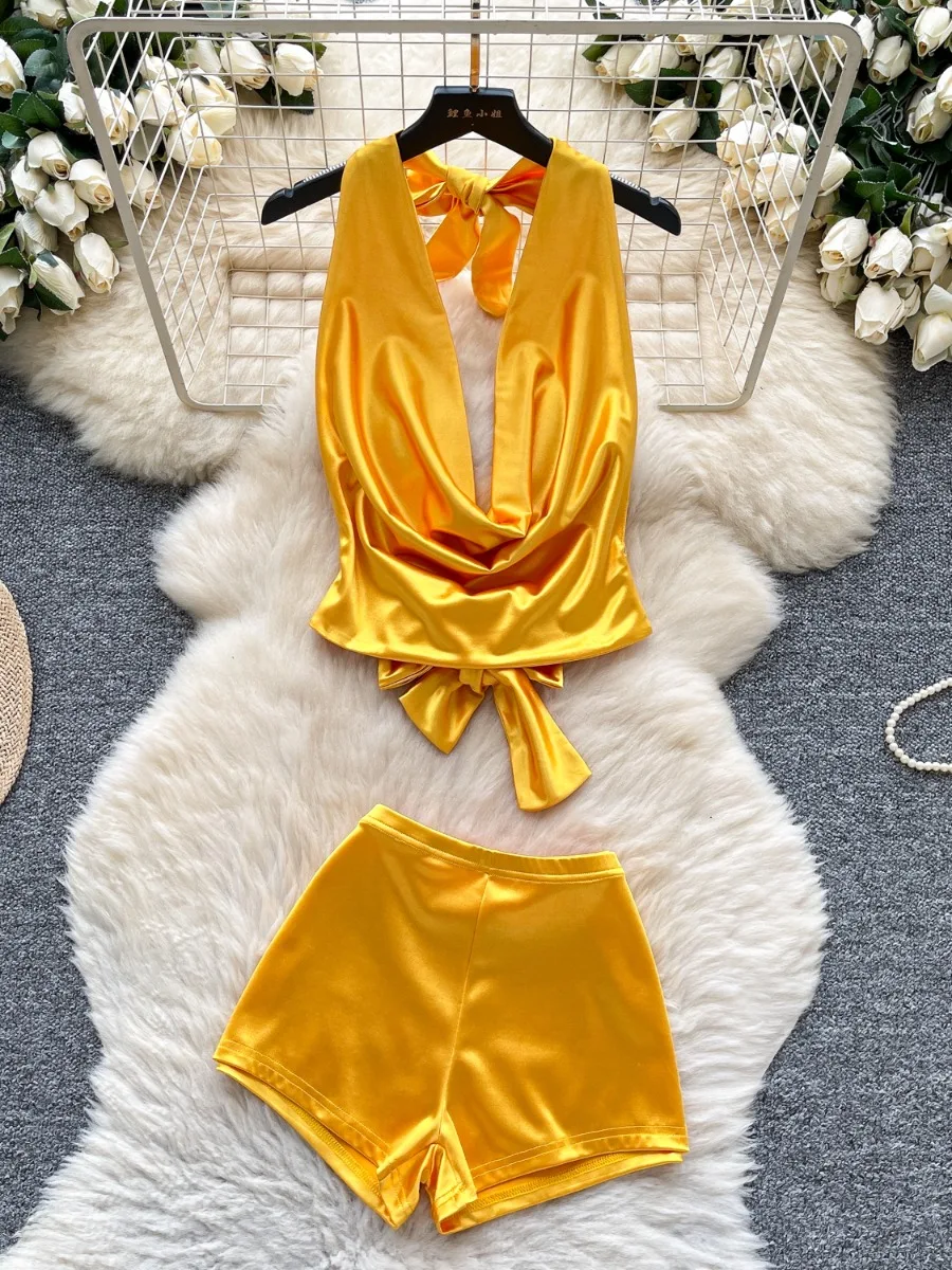 

Foamlina Nightclub Sexy Hot Girl Outfit Women Ins European Fashion Halter Strap Cowl Neck Backless Top & Tight Shorts Pants