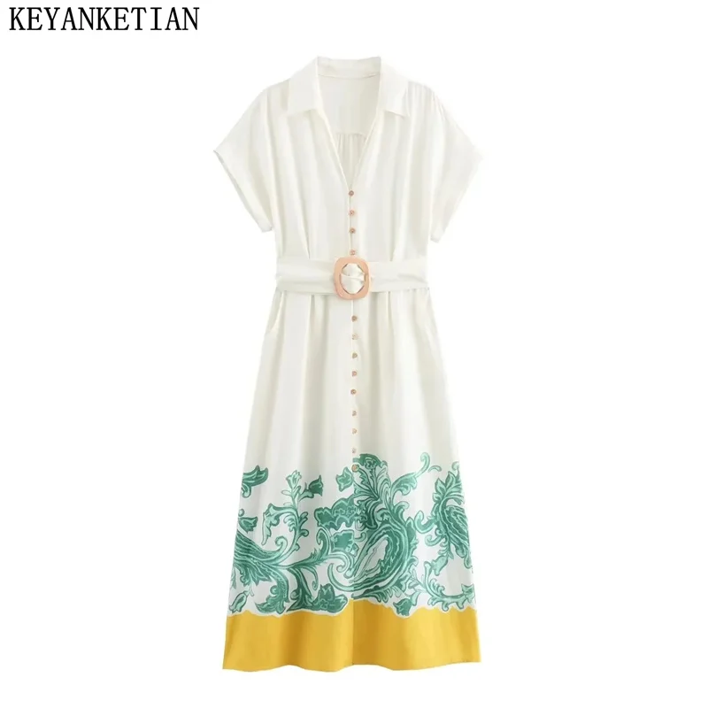 

KEYANKETIAN 2024 New Launch Ethnic style Totem Print MIDI Dresses Summer With Belt Buttons Women's Short Sleeve Shirtdress