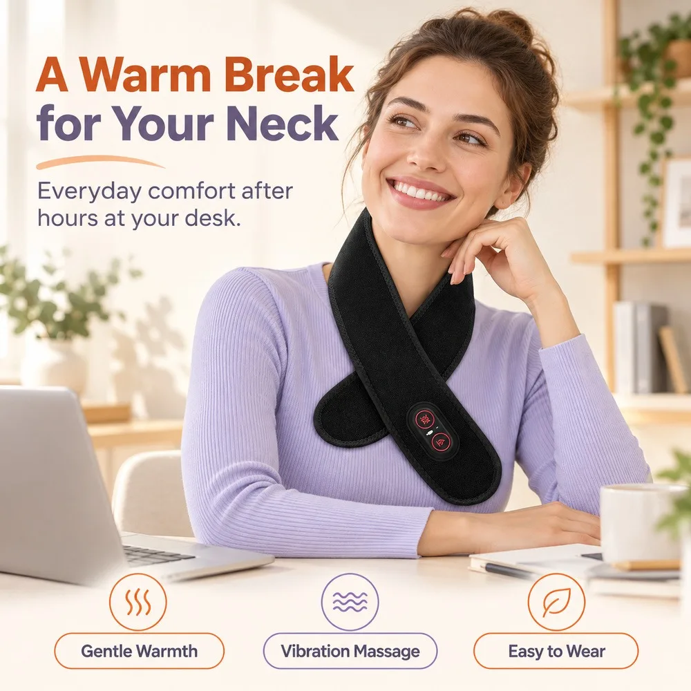 Electric Heated Neck Wrap, Rechargeable Cordless Massager with Red Light, 3 Heat Levels and Vibration for Home and Office Use