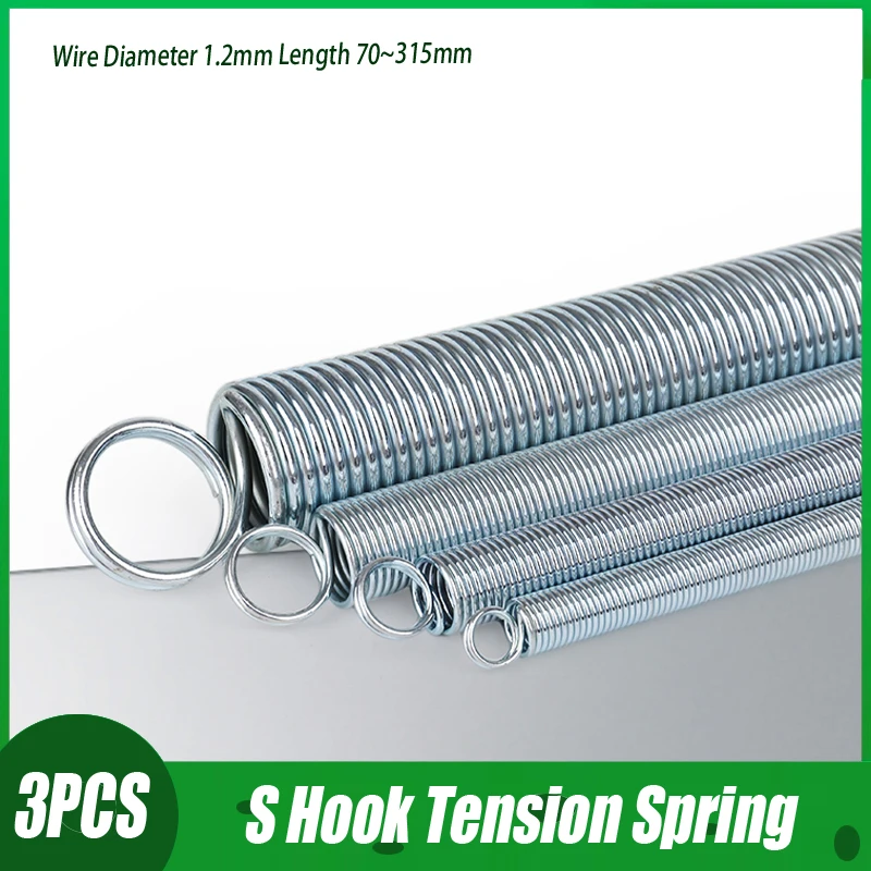 3PCS Stainless Steel Open S Hook Tension Spring Tensile Springs Galvanized Stretching Spring Wire Diameter 1.2mm Length 70~315mm