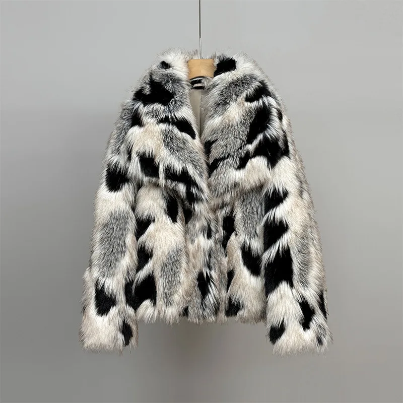 2025 Autumn Winter New Fashion Elegant Fox Fur Eco-friendly Fur Coat Women Contrast Color Lapel Long Sleeves Warm Jacket Female