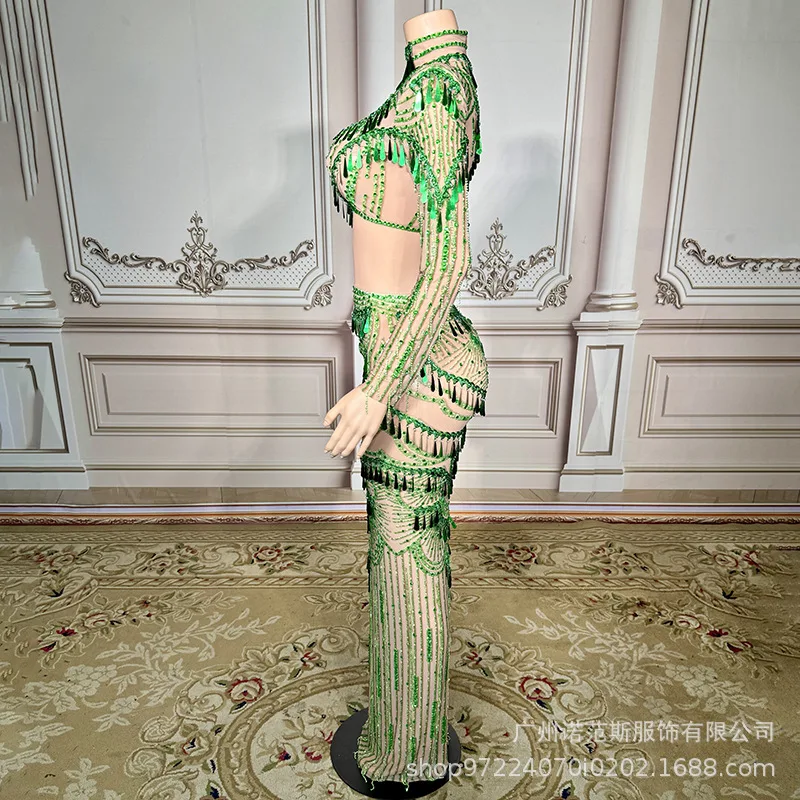 Verde Bianco Temperamento Moda Due pezzi Azienda Riunione annuale Cerimonia di premi Abito da sera Abito da canto per palcoscenico di gruppo da donna