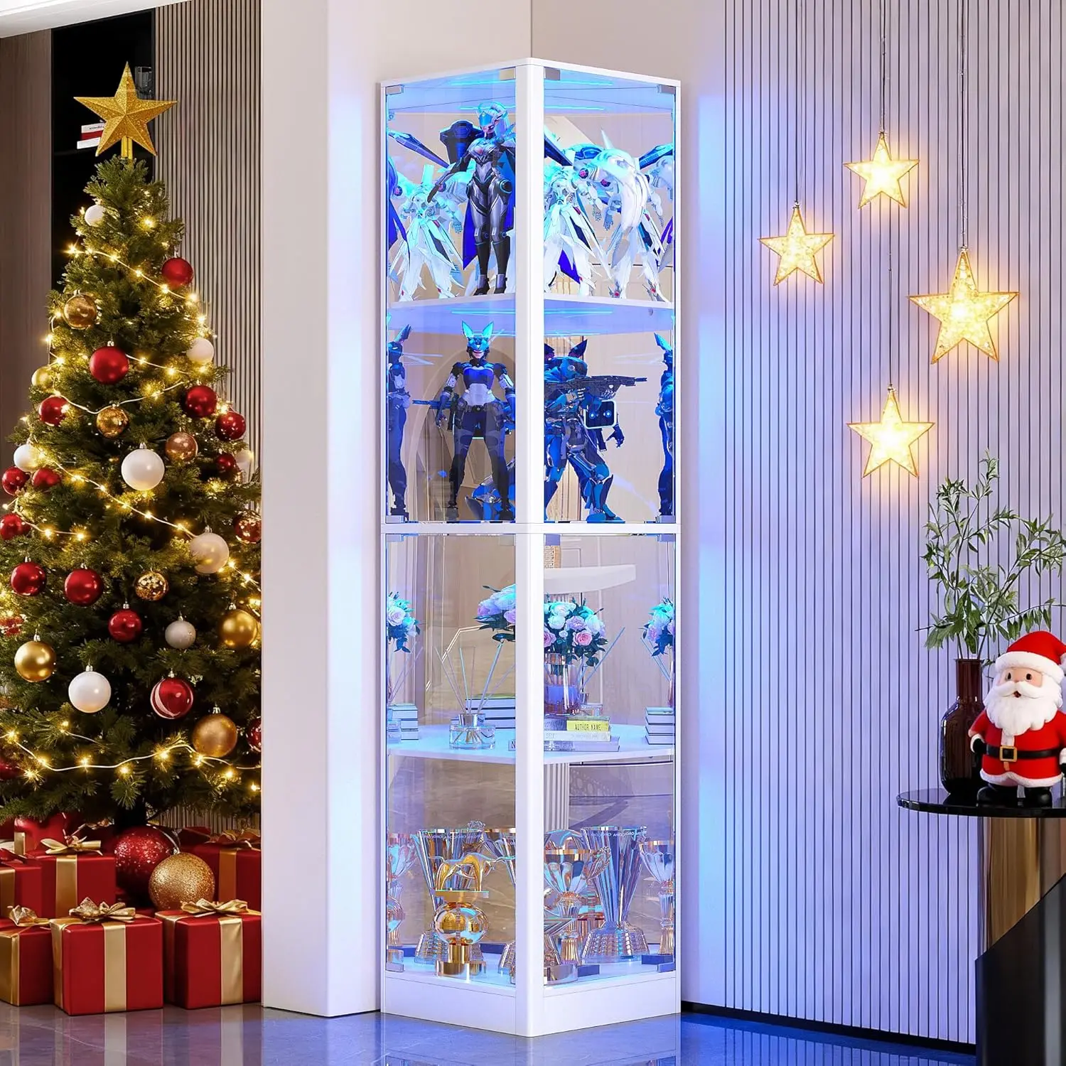 

Display Cabinet with Glass Doors, 4 Tier Corner Shelf with LED Lights, 68 Display Case for Collectibles, Toys, Books, Cur