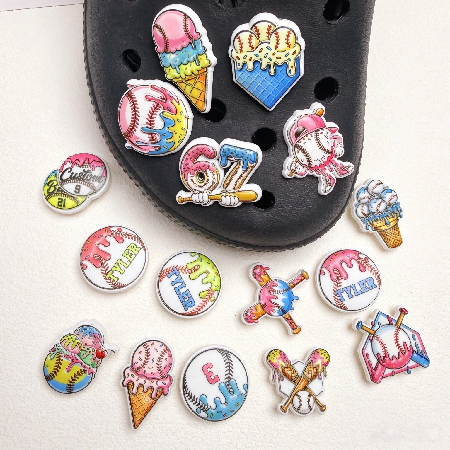 5-50Pcs Baseball Sport Man Favorite PVC Shoe Decorations Ice Cream Cone Clog Buckle Charms Fit Party Gifts
