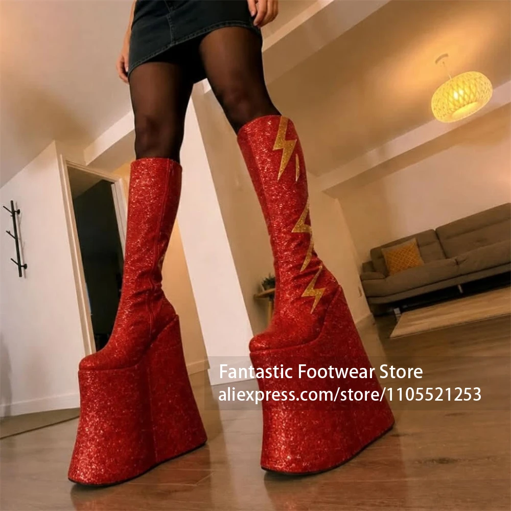 Full Glitter Thigh High over Knee Tall Boots Silver Lightning Extreme Wedge Platform Boot Nightclub Stage Cosplay Party Footwear