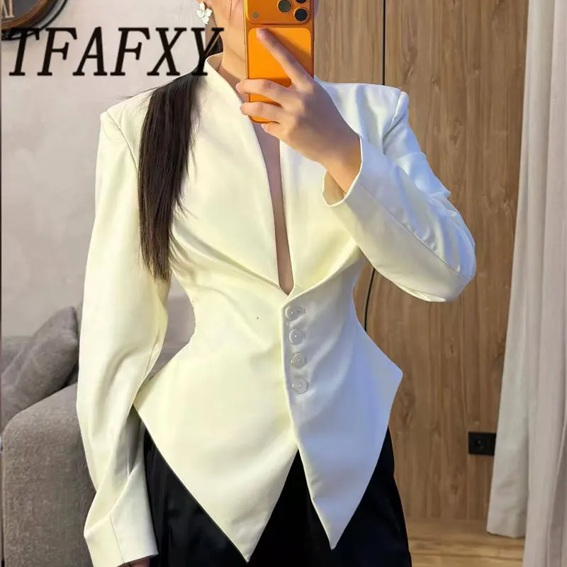 TFAFXY 2026 Spring Women Slim Blazer Thin Long Sleeve Deep V Neck Single Breasted Irregular Party Jacket Coat