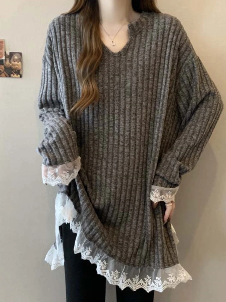 Gray Lace Splicing Women's Knitted Sweater Spring Autumn New Style plus Size Bottoming Long Top Butt Covering Korean Style