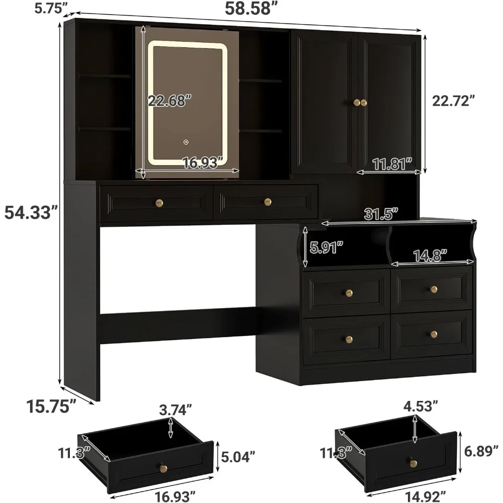 مكتب زينة مكياج أسود كبير فاخر مع مرآة منزلقة، مجموعة منضدة 58.6 طاولة، مخرج طاقة، 6 أدراج وإضاءة لـ U