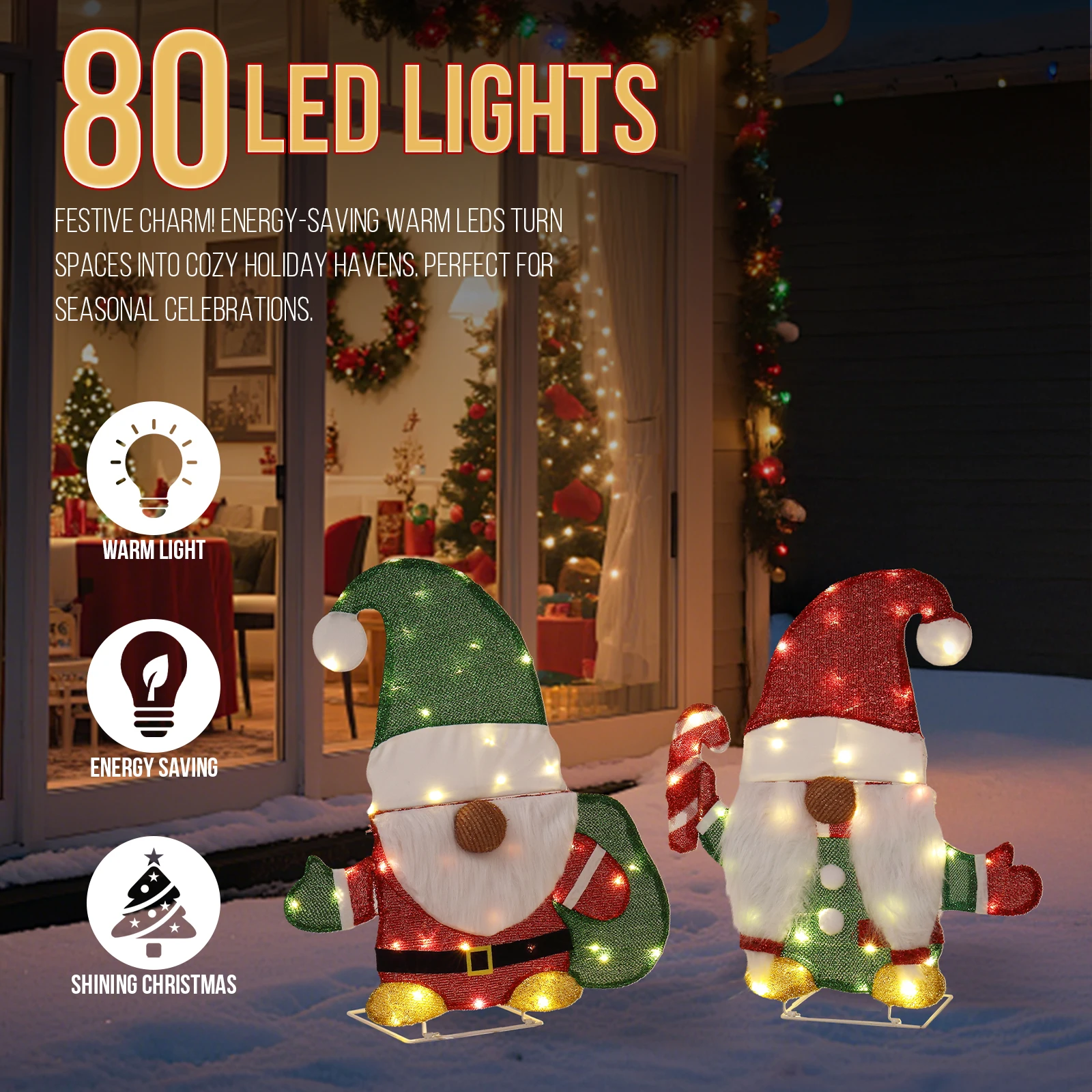 

Set of 2 Lighted Gnome and Candy Cane Christmas Decorations, Pre-lit 2D Holiday Decor with 80 Warm White LED Lights for Xmas Out