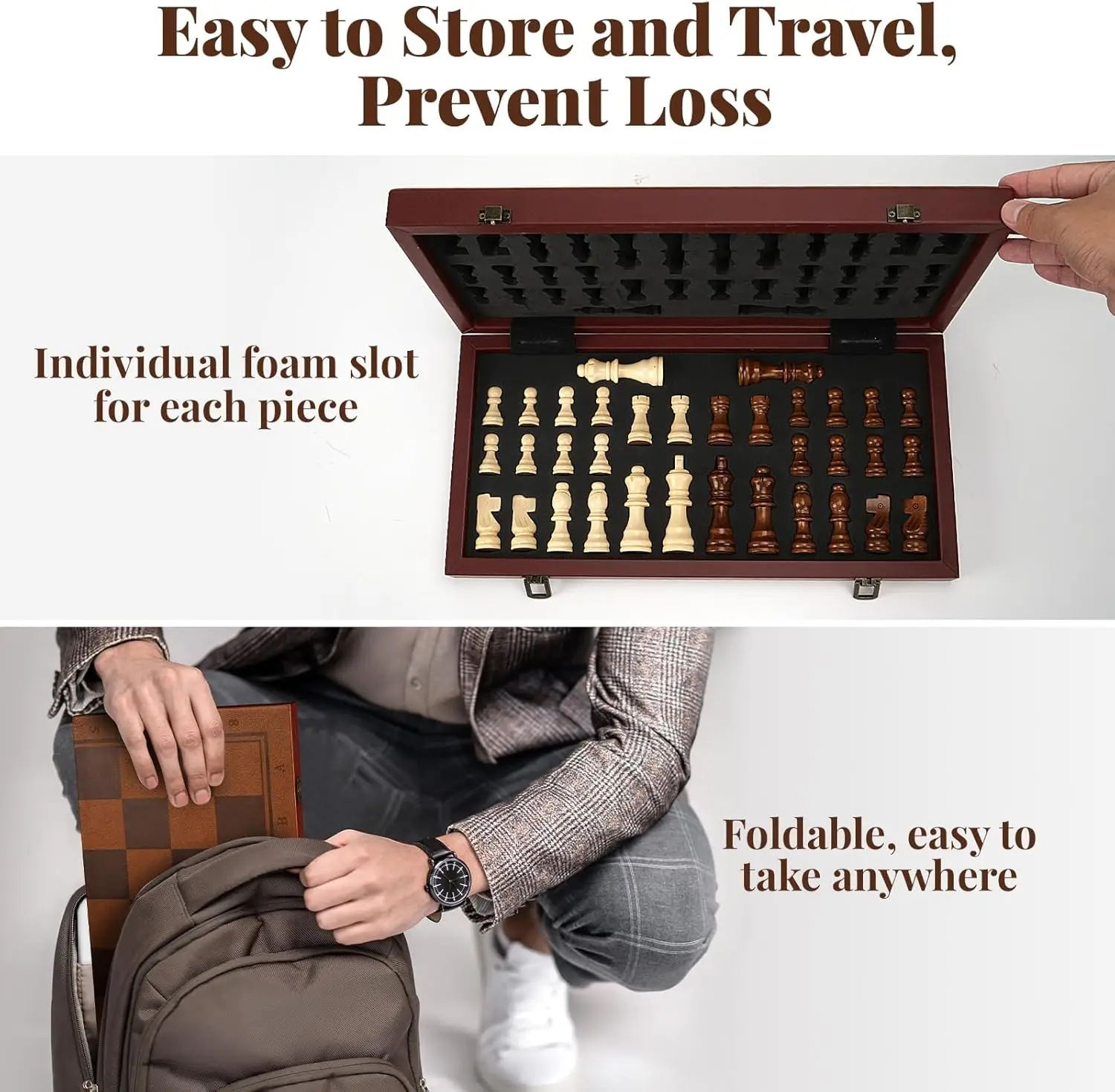 مجموعة شطرنج مغناطيسية محمولة مع لوح جلدي وقطع خشبية، لعبة شطرنج للسفر للبالغين والأطفال #6