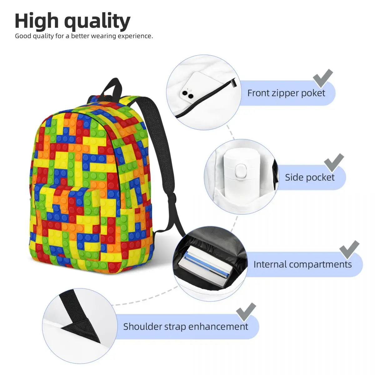 Custom Colorful Building Blocks Pattern Canvas Backpack for Women Men College School Student Bookbag Fits 15 Inch Laptop Bags