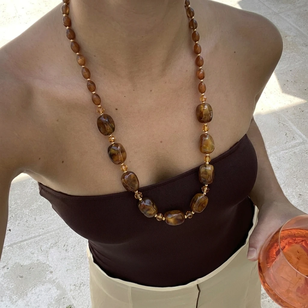 Vintage Harz-Perlen Lange Kettenhalsketten für Damen und Herren Unregelmäßige Geometrische Ovale Perlenhalsketten Statement-Schmuck Geschenk – Detail 3