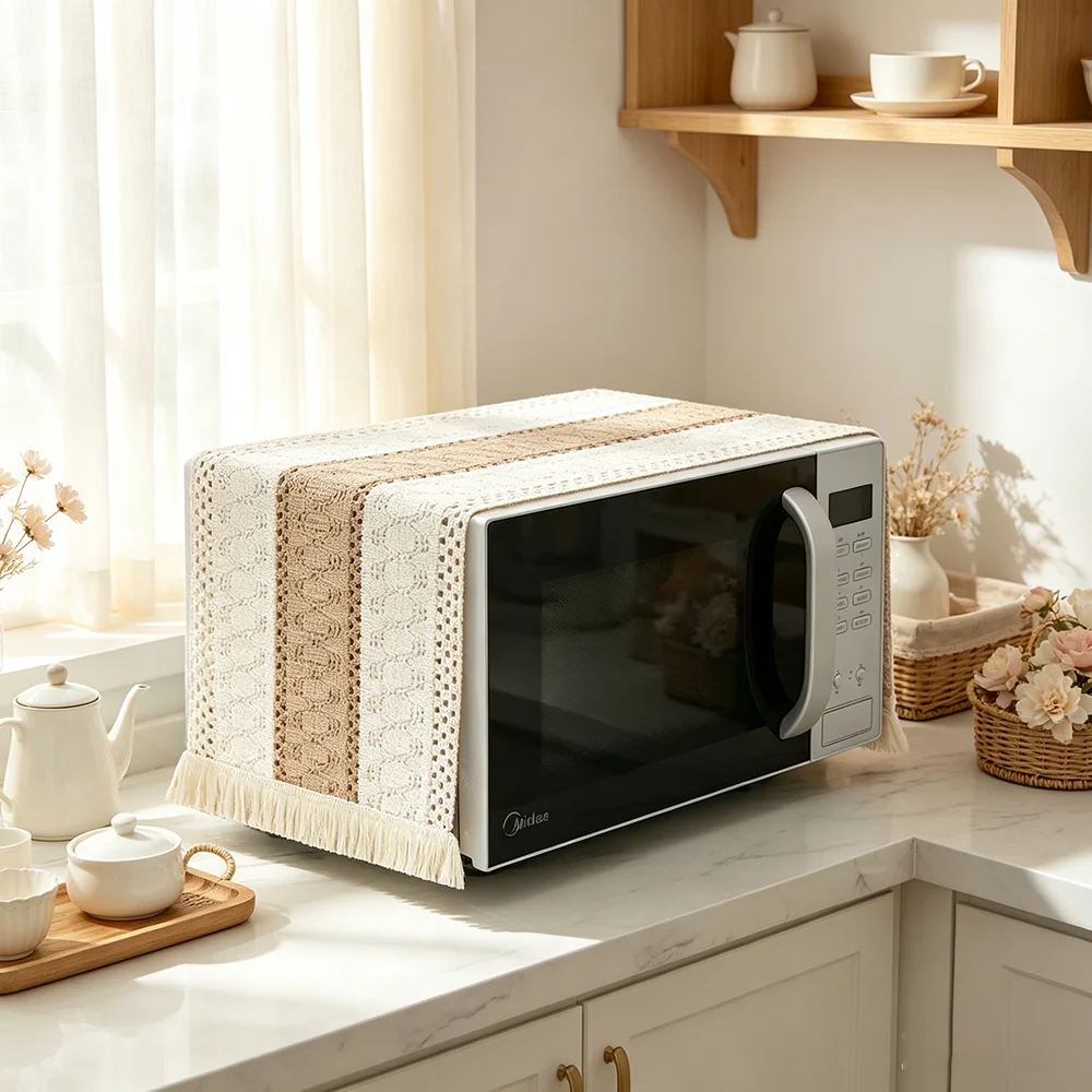 1pc Kitchen Microwave Cover Breathable Hollow Fringe Cloth Multifunctional Dust Mat Home Decor Small Kitchen Appliance Top Cover