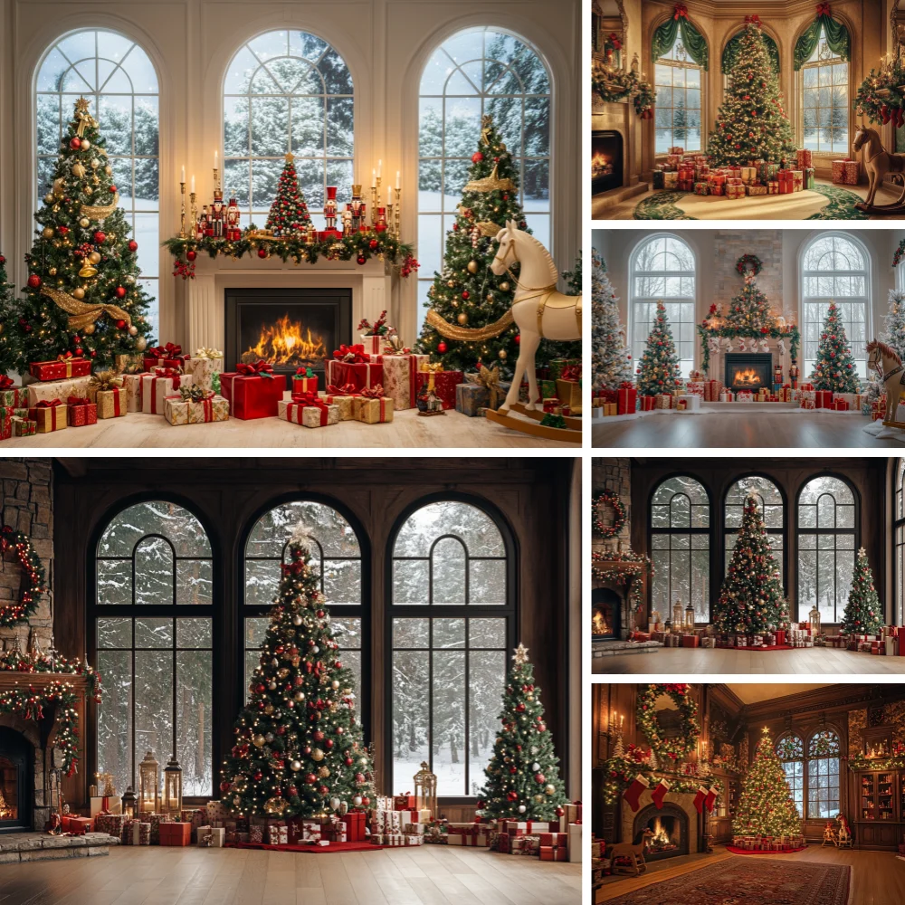 Luxury Christmas Fireplace Photography Backdrop Triple Arch Snow Window Xmas Tree Nutcracker Gift Box Studio Background Cloth