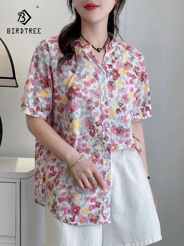 

New Summer Cotton Short Sleeve Shirts V Neck Flower Printed Top Mori Girl Casual Commute Loose OL Blouse 2024 Autumn T46804QC