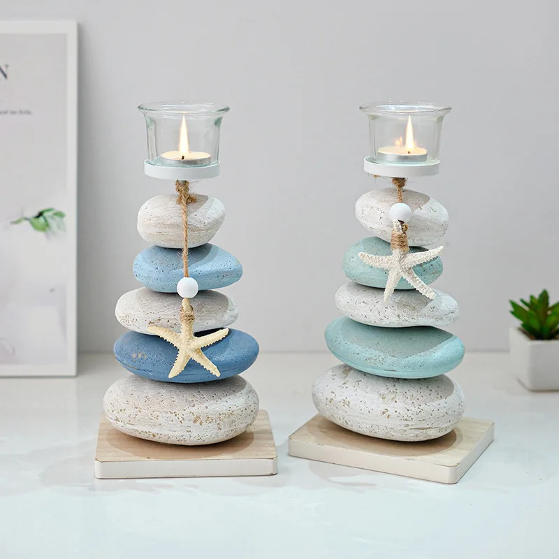 1pc Mediterranean-Style Stone Candlesticks, Decorative Ornaments, Handcrafted Wooden Starfish Display Tables For Birthday Gifts