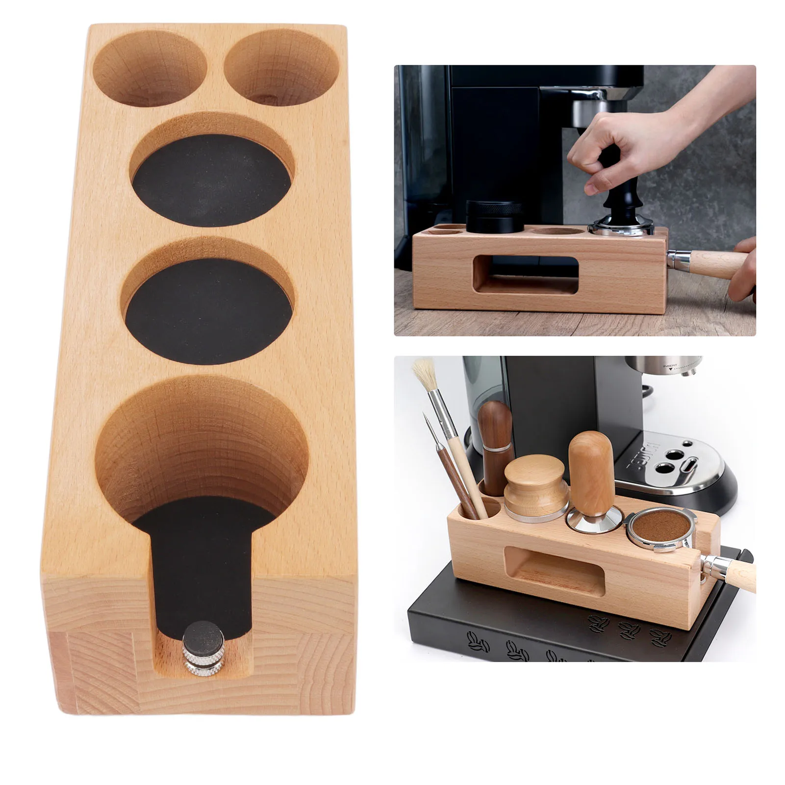 

Wooden Coffee Tamper Holder 5 Hole Non Slip Coffee Tamping Station with Mat for Cafes Home