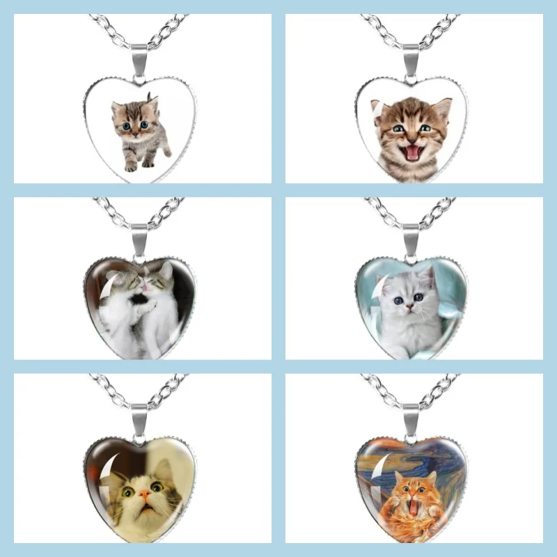 Cute Kitten Cat 25mm Silver-plated Serrated Heart-Shaped Necklace Animal Shape Art Photo Glass Cabochon Jewelry Women's Gift