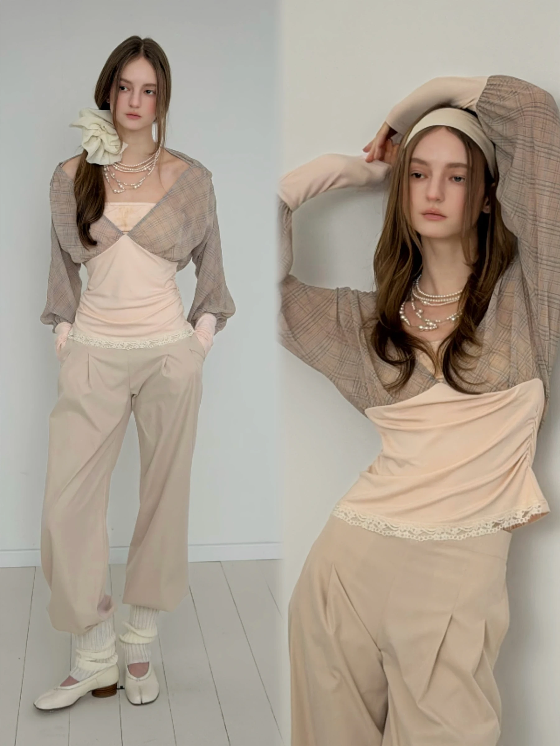 

Original Ballet Grid V-neck Sleeveless Top by Today's Artist Pink Korean Style Double-sided Wear Lantern Sleeve Ruffle Collar