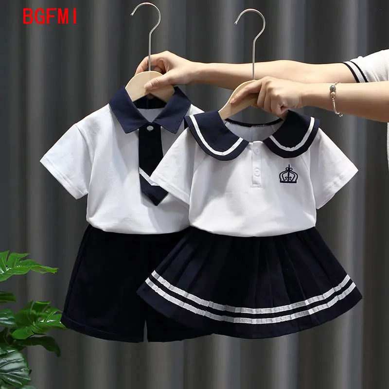 

2-10Y Brother Sister Sibling Look Summer Navy Collar Boy girl Clothes Set Short Sleeve Girl Preppy Dress Family Matching Outfits