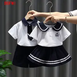 2-10Y Brother Sister Sibling Look Summer Navy Collar Boy girl Clothes Set Short Sleeve Girl Preppy Dress Family Matching Outfits