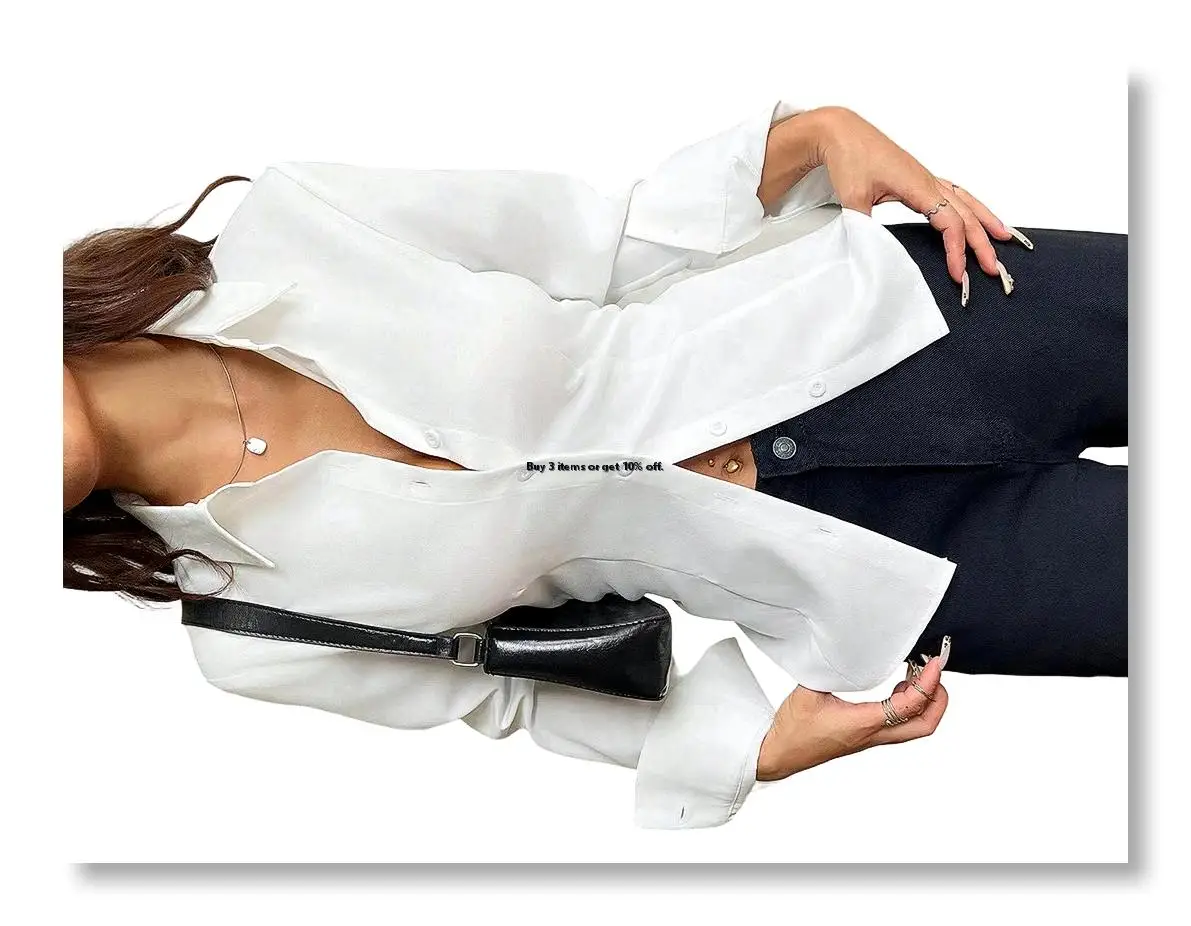 ●Women Button Up Shirt Long Sleeve Shirt V Neck Collared Blouse Aesthetic Work Tops White S