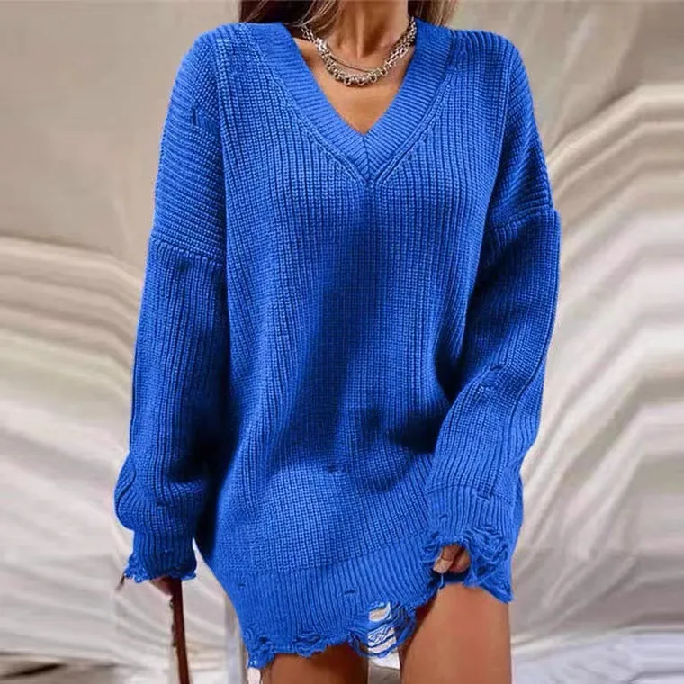 Oversize Loose Solid Color Hole Sweater Autumn Winter V-neck Thick Needle Long Sleeve Knitwear Women Pullover Jumper Tops