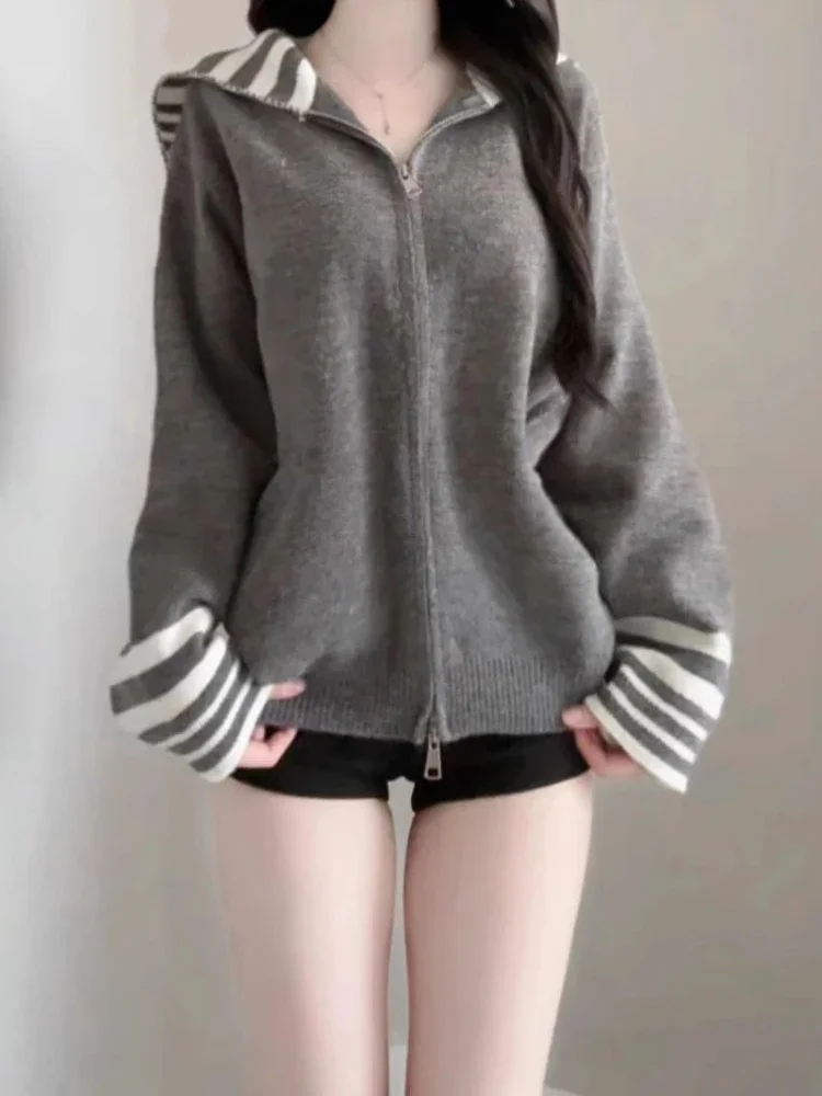 

Y2k эстетические лоскутные полосатые кардиганы с матросским воротником женская повседневная трикотажная куртка Harajuku винтажный свитер с двойной молнией в стиле гранж