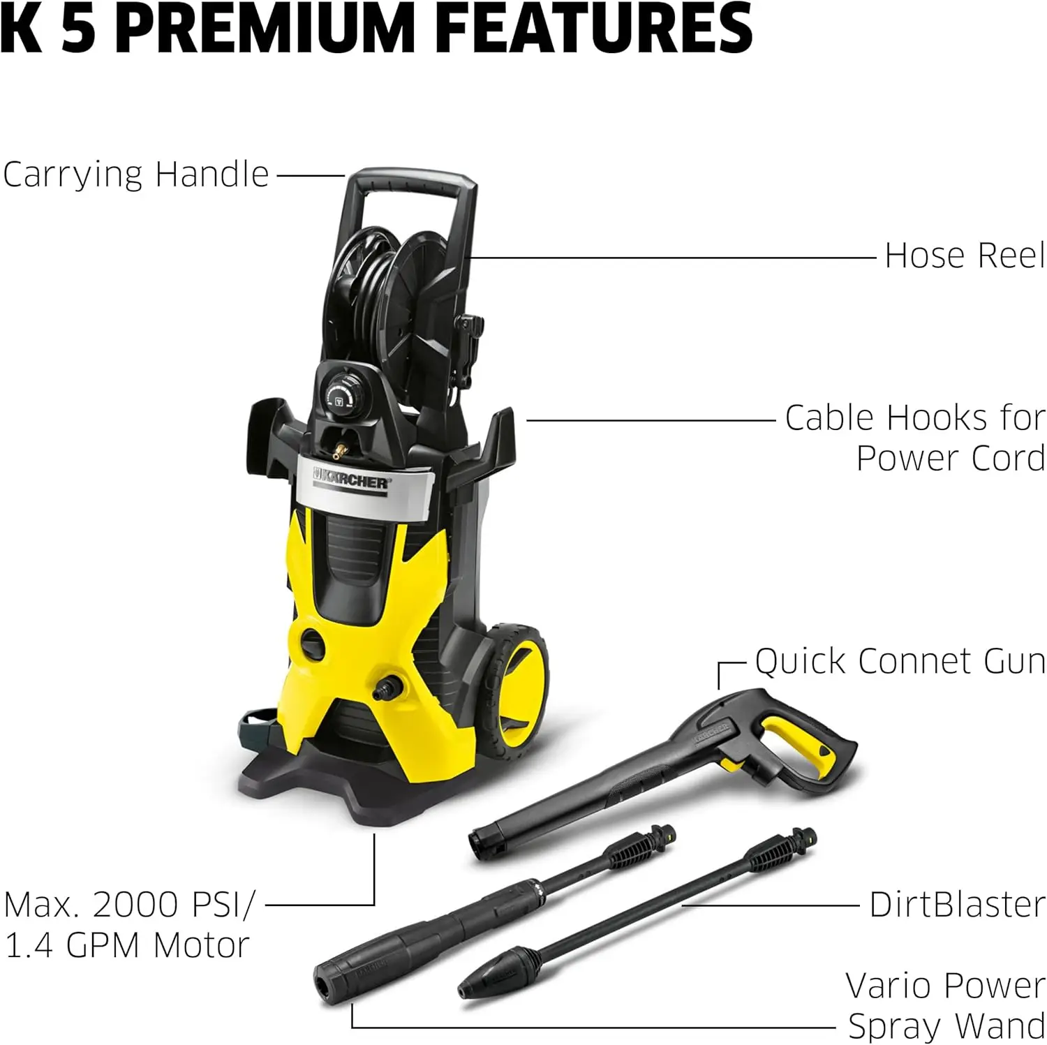 

"k5 pro high-pressure washer with hose reel, adjustable power, and dirtblaster wand - 2000 psi"