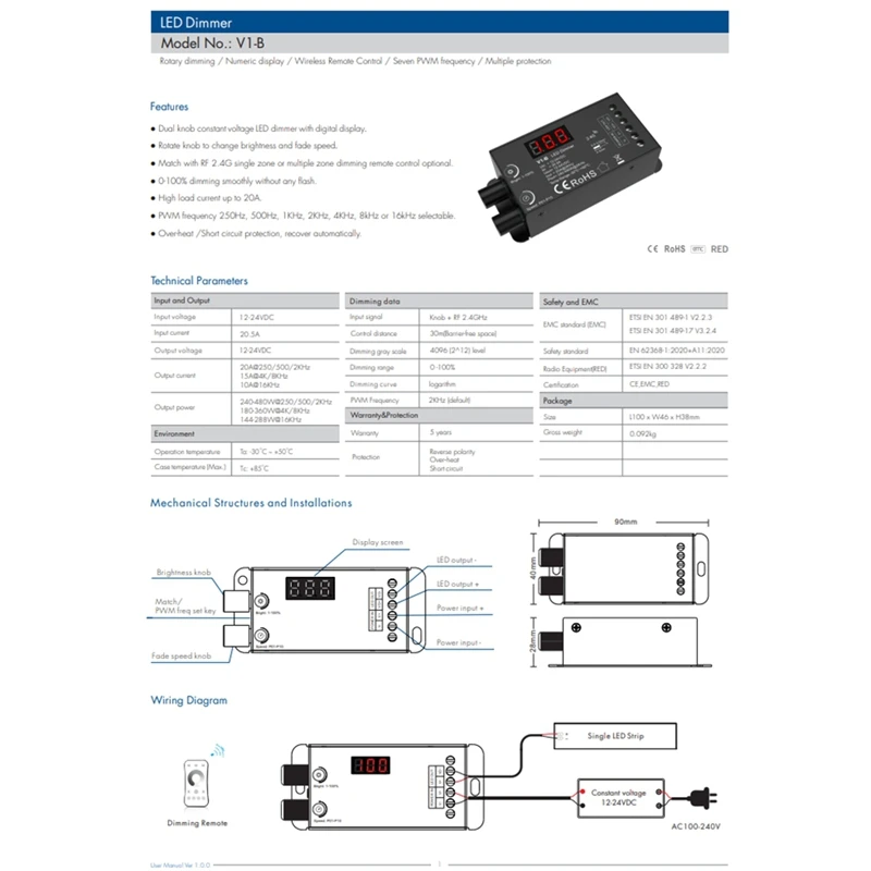 Dual Knob Constant Voltage LED Dmmer 1Chx20a Wireless Remote Control Numeric Display CV Controller V1-B