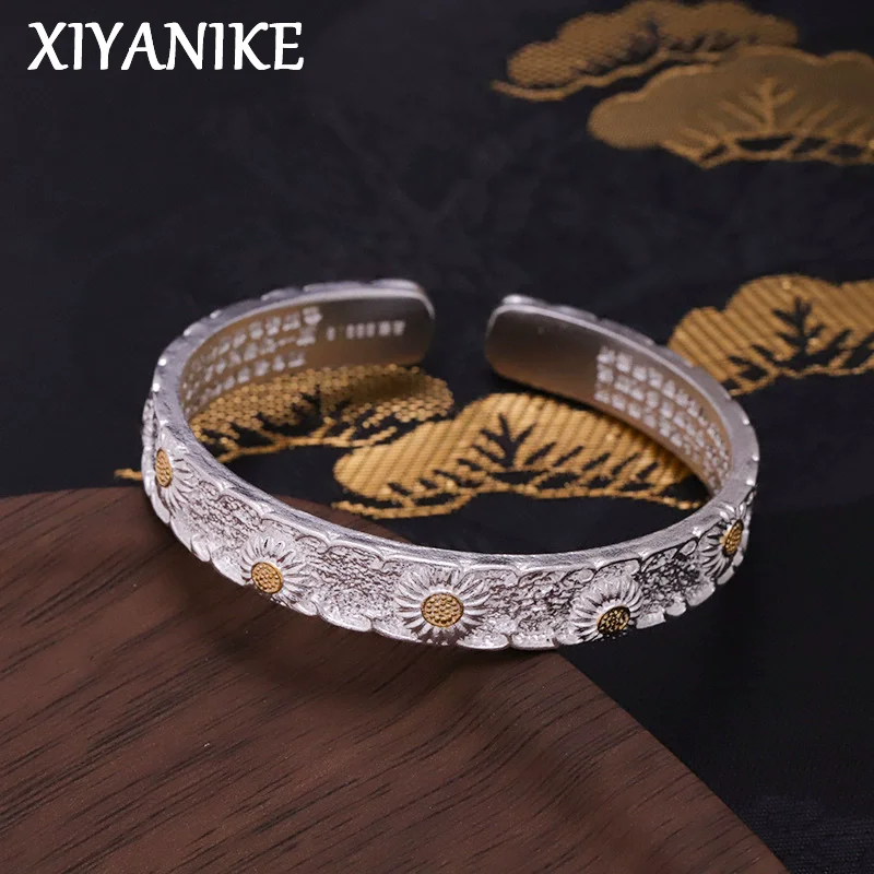 XIYANIKE Retro Chinese-Style Brushed Daisy Flower Heart Sutra Bracelet For Women Fashion New Jewelry Gift Party pulseras mujer