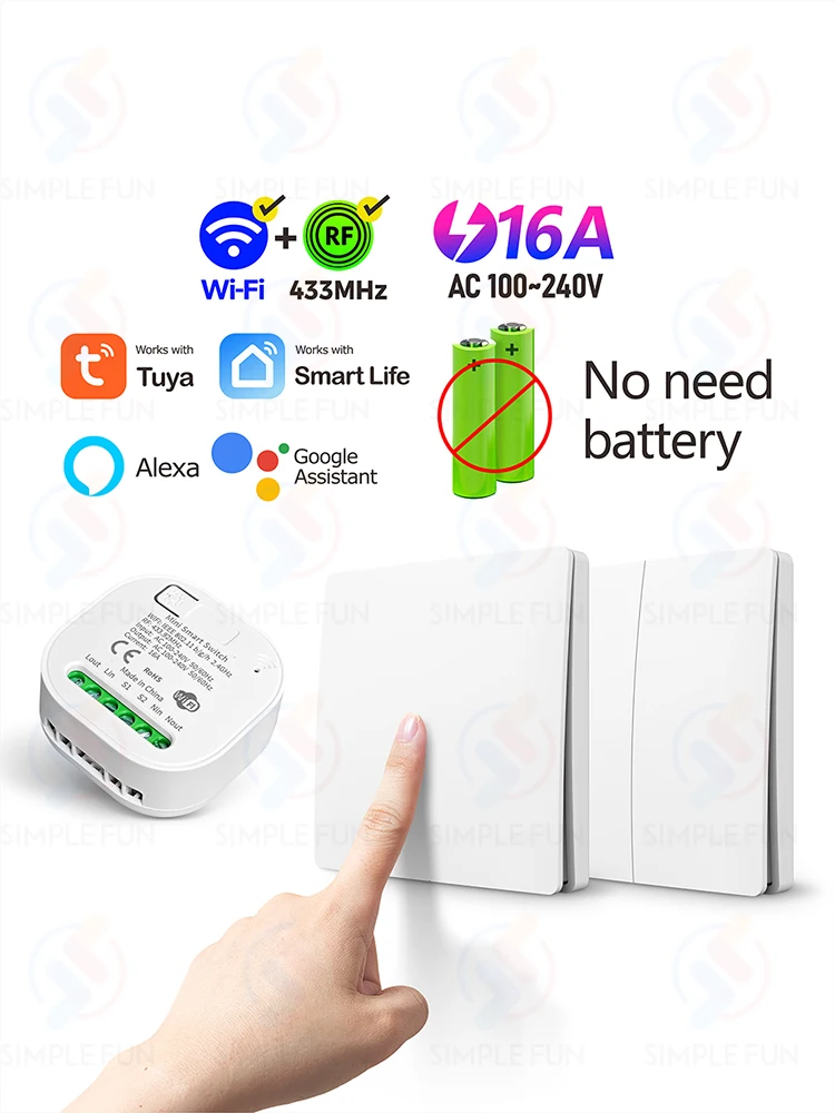 Inteligentny przełącznik światła Tuya WiFi 433MHz, bezprzewodowy panel, przełącznik kinetyczny, bez baterii, 110V~230V, przekaźnik czasowy, kompatybilny z Alexa i Google Home — zdjęcie produktu 7