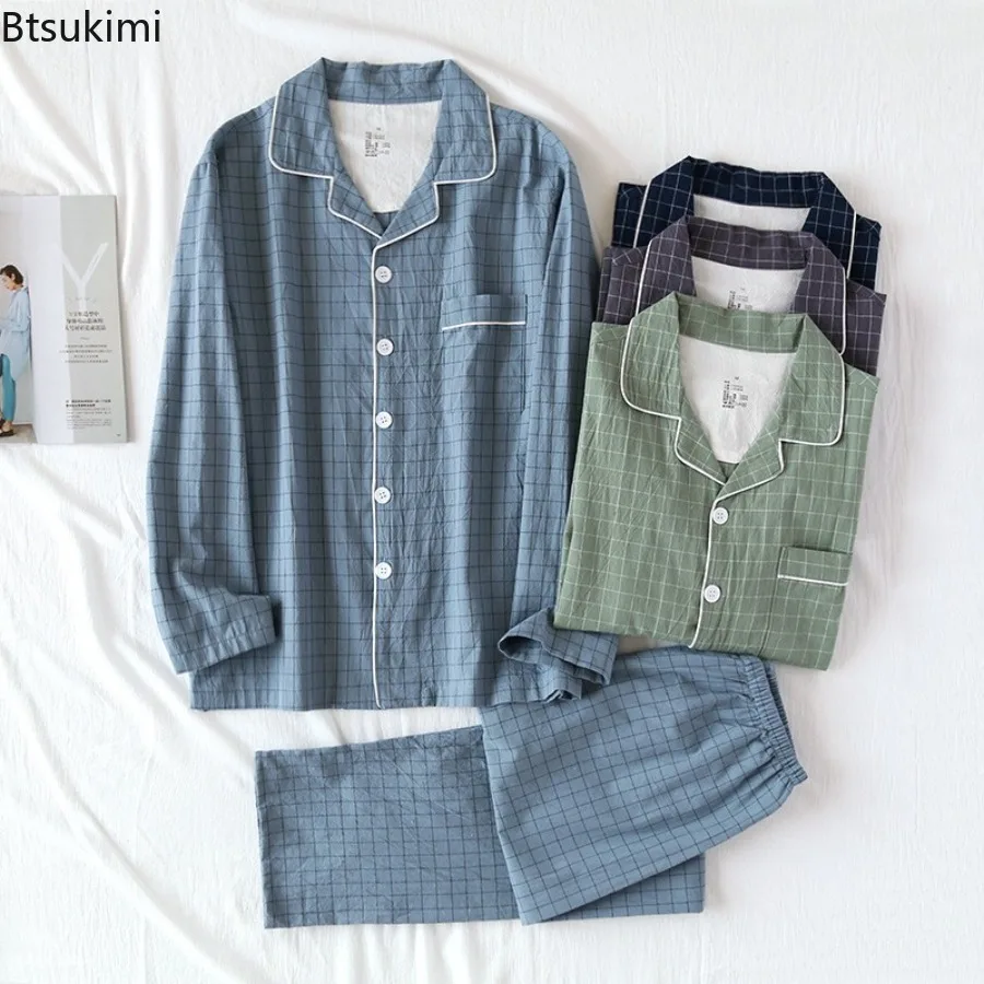 

2025 Men's Cotton Long Sleeve Pajama Sets 2PCS Spring Autumn Lapel Plaid Style Sleepwear for Men Nightwear Homewear Sets Male