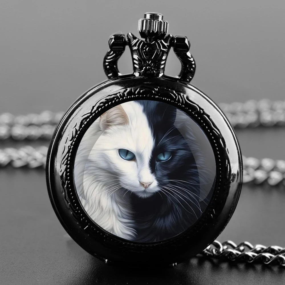 Delicate Gifts Quartz Pocket Watch Black White Cat Design Glass Dome Necklace Pendant Clock for Mens Womens